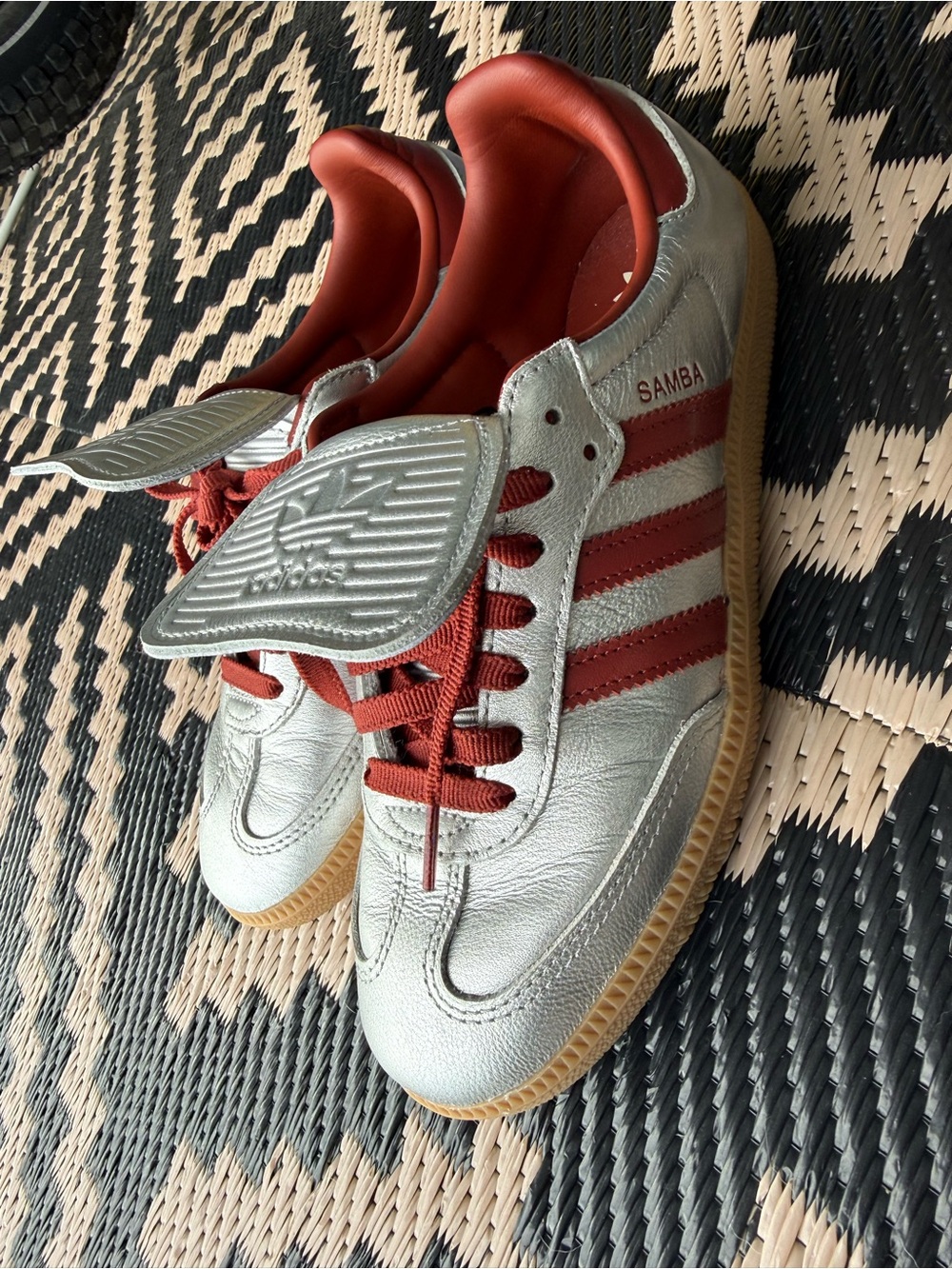 Adidas Silver Leather Sambas LT with Red Stripes
